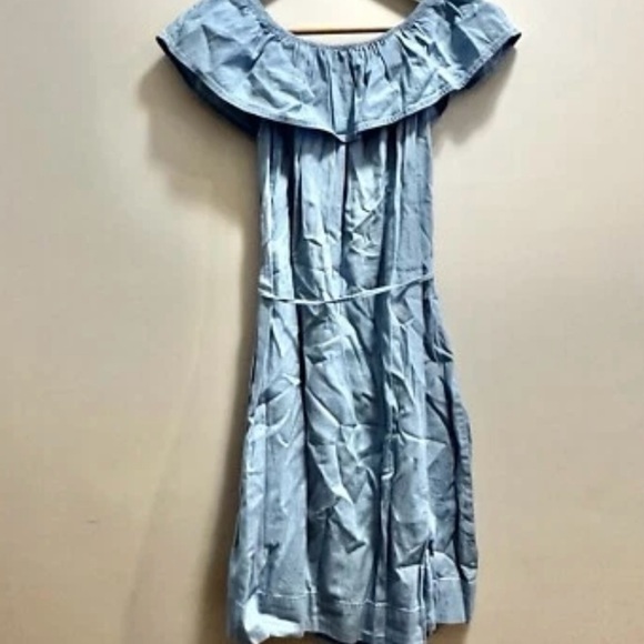 Loft Outlet Off the Shoulder Women's Small Blue Denim Dress Ruffle Neck - Picture 3 of 6